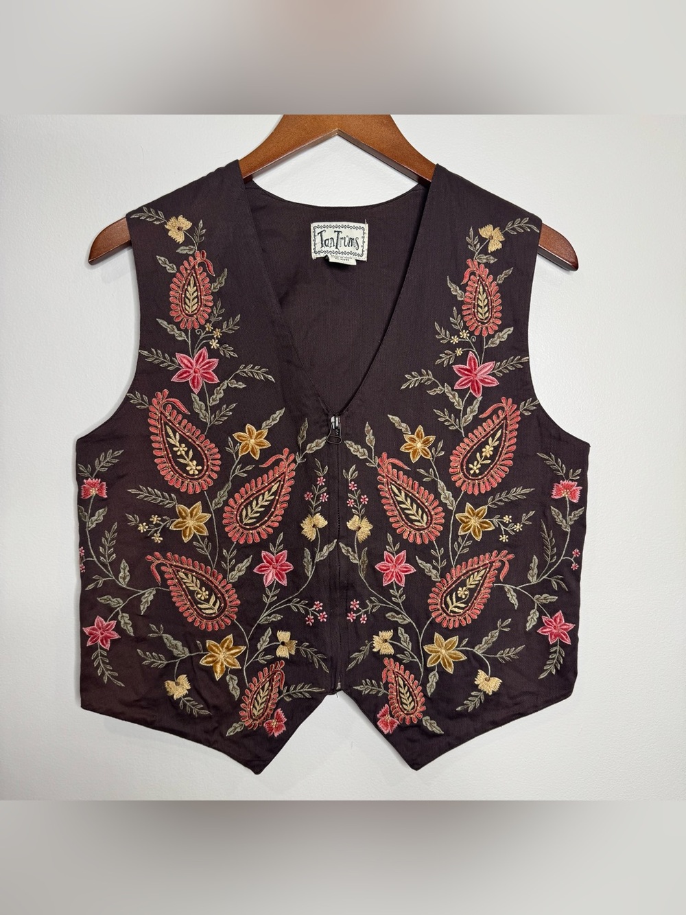 Vintage Y2K TanTrums Boho Brown Cotton Embroidered Zip Vest Size Small Western